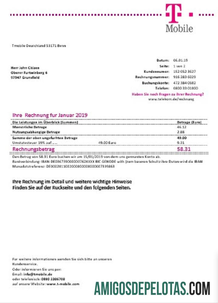 Conta de serviços públicos móveis T da Alemanha exemplo real